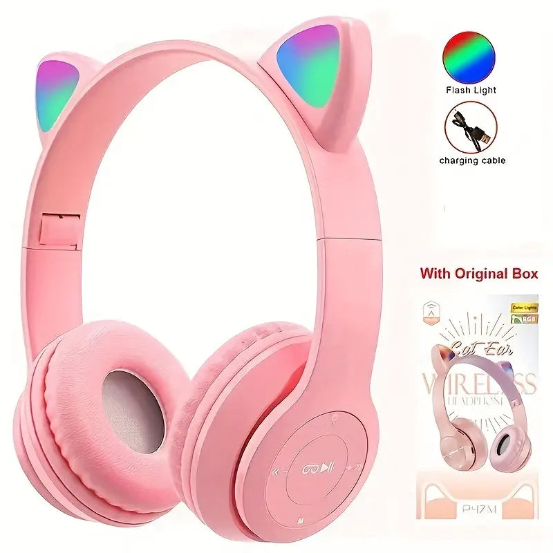 P47M Wireless Headphone Flash Light Cute Cat Ear with Mic Control LED Stereo Music Helmet Phone Bluetooth Headset with Box.