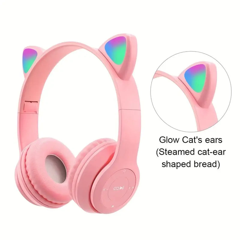 P47M Wireless Headphone Flash Light Cute Cat Ear with Mic Control LED Stereo Music Helmet Phone Bluetooth Headset with Box.