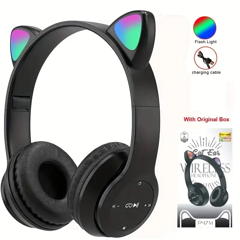P47M Wireless Headphone Flash Light Cute Cat Ear with Mic Control LED Stereo Music Helmet Phone Bluetooth Headset with Box.