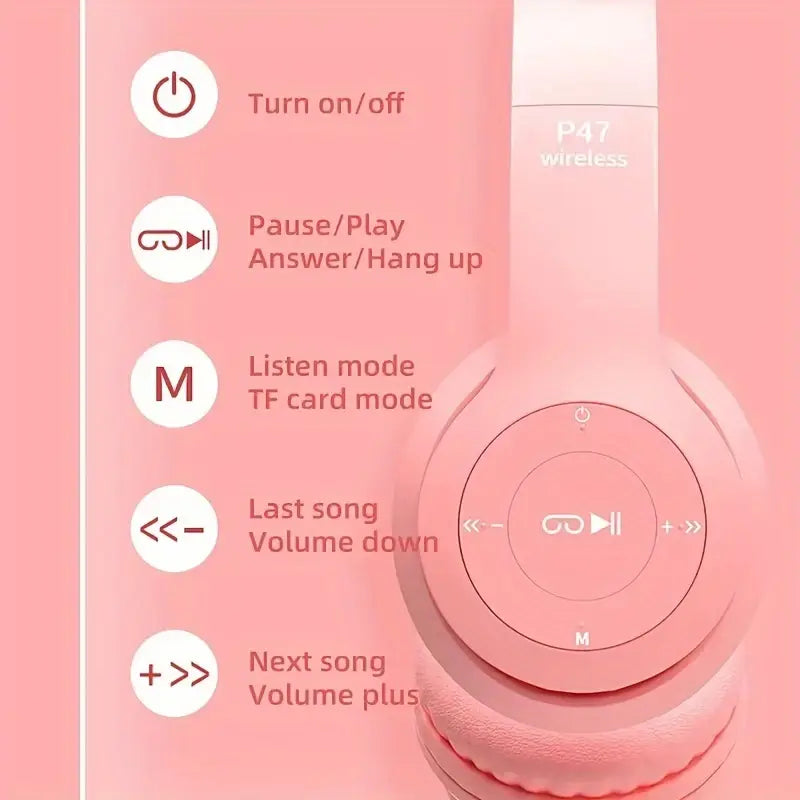 P47M Wireless Headphone Flash Light Cute Cat Ear with Mic Control LED Stereo Music Helmet Phone Bluetooth Headset with Box.