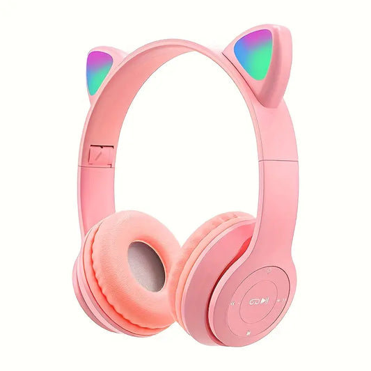 P47M Wireless Headphone Flash Light Cute Cat Ear with Mic Control LED Stereo Music Helmet Phone Bluetooth Headset with Box.